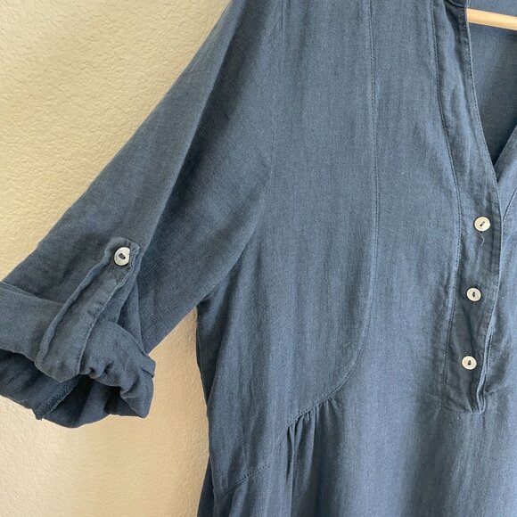 Francesca Bettini Womens Medium Linen Cotton Midi Dress Blue Roll Tab Sleeve - Picture 9 of 11